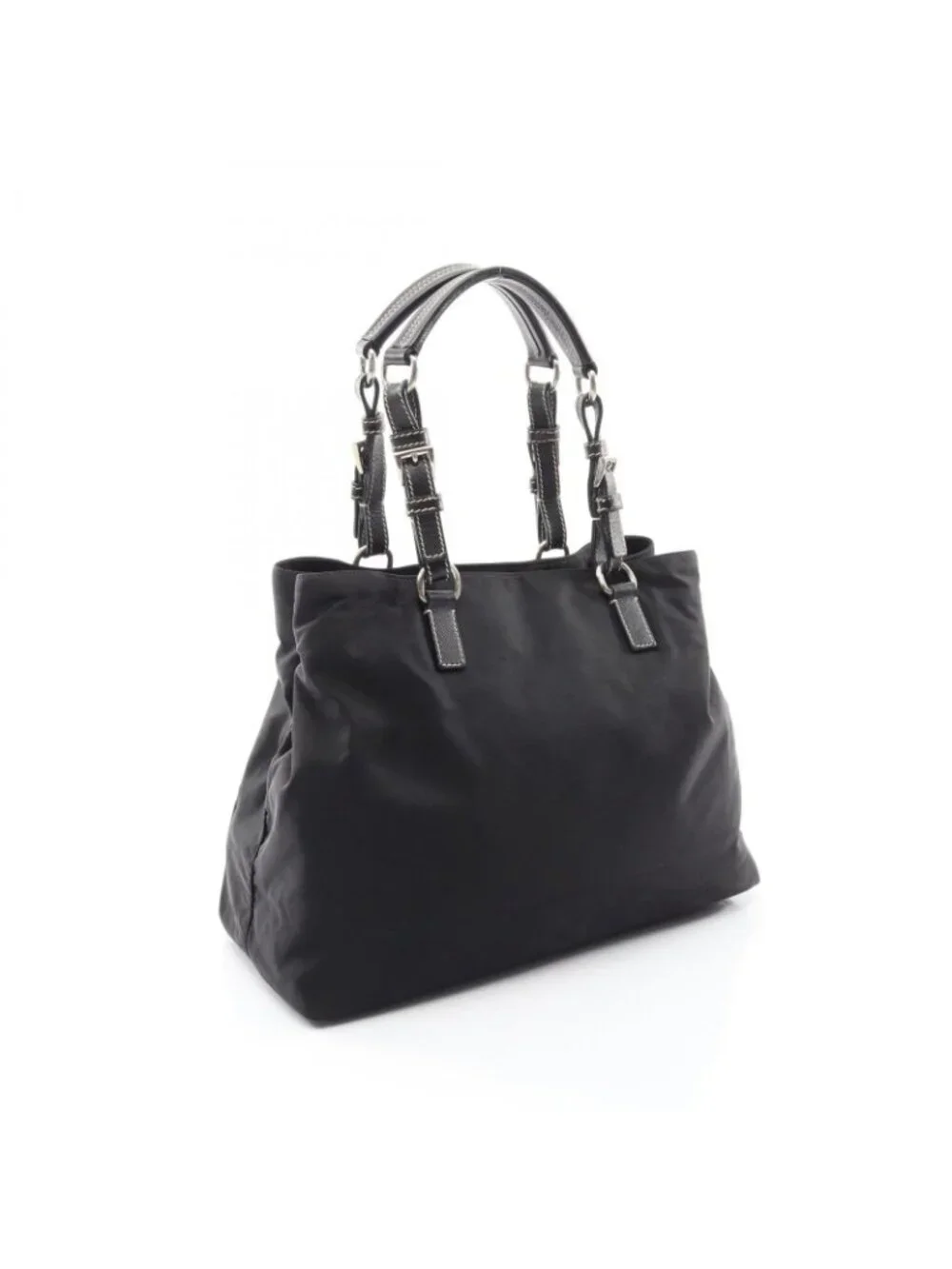 Prada Tote Triangle Logo Black Nylon Saffiano Leather